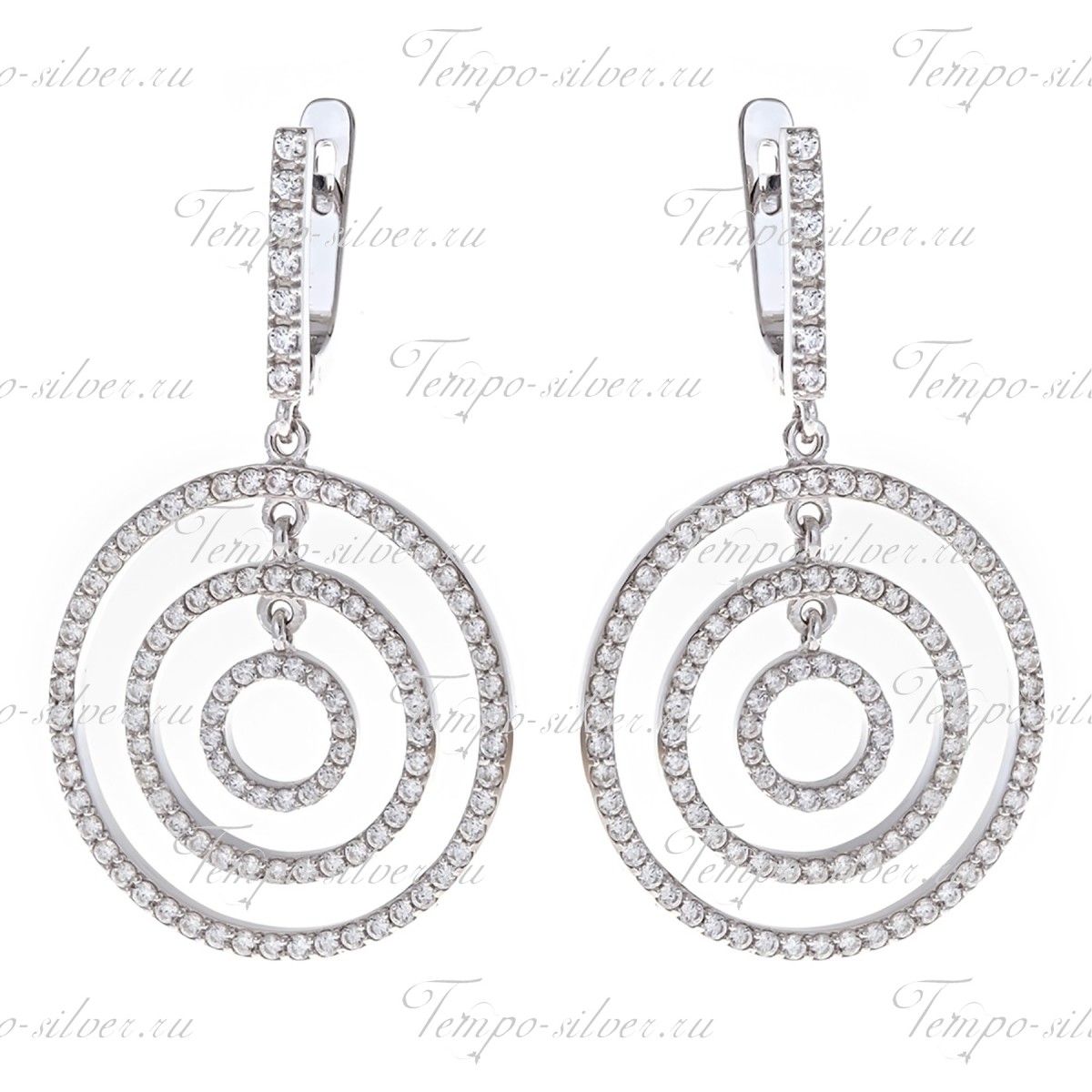 Серьги из серебра висячей формы с тремя кругами из белых цирконий цена