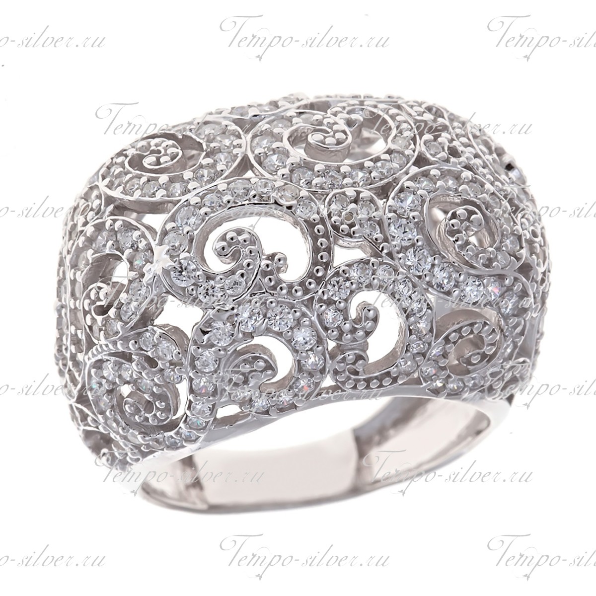 Кольцо из серебра выпуклой овальной формы с узорами из белых камней цена