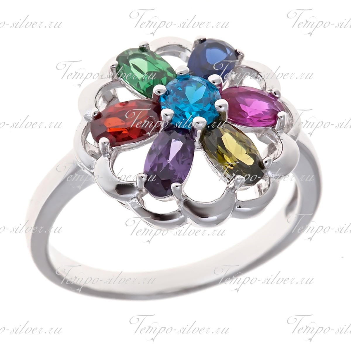 Кольцо из серебра в виде ромашки из цветных цирконий цена