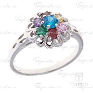 Кольцо из серебра в форме малины с круглыми цветными камнями
