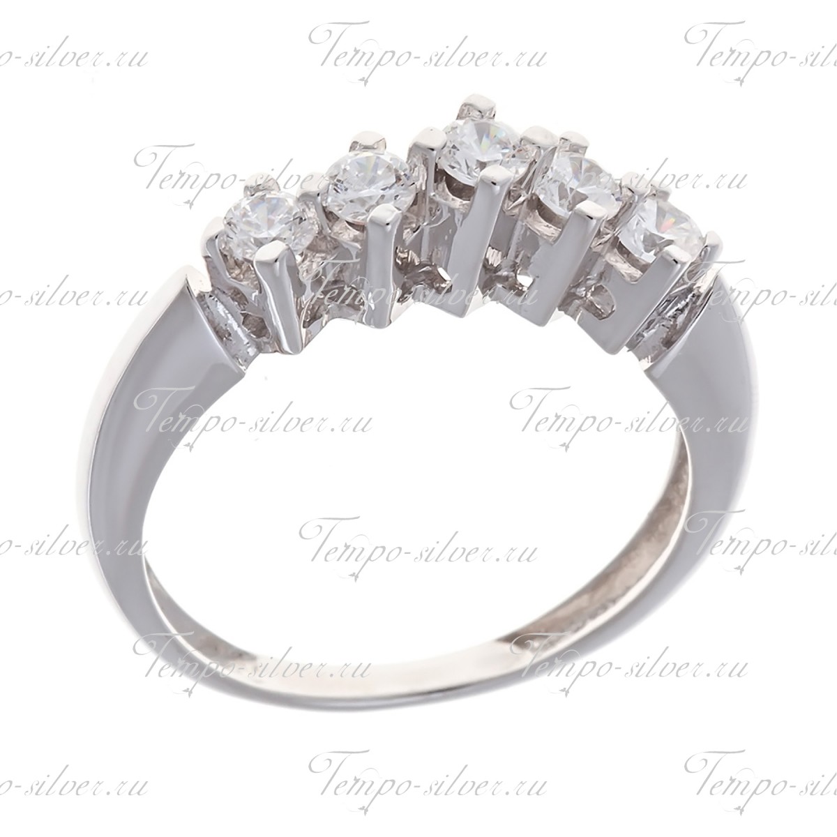Кольцо из серебра с пятью белыми цирконами на высокой подножке цена