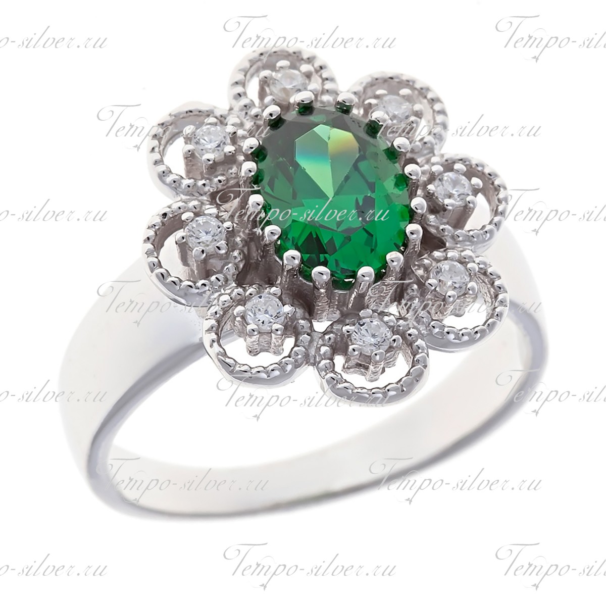 Кольцо из серебра в форме многолистного цветка с зеленым камнем цена