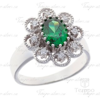 Кольцо из серебра в форме многолистного цветка с зеленым камнем