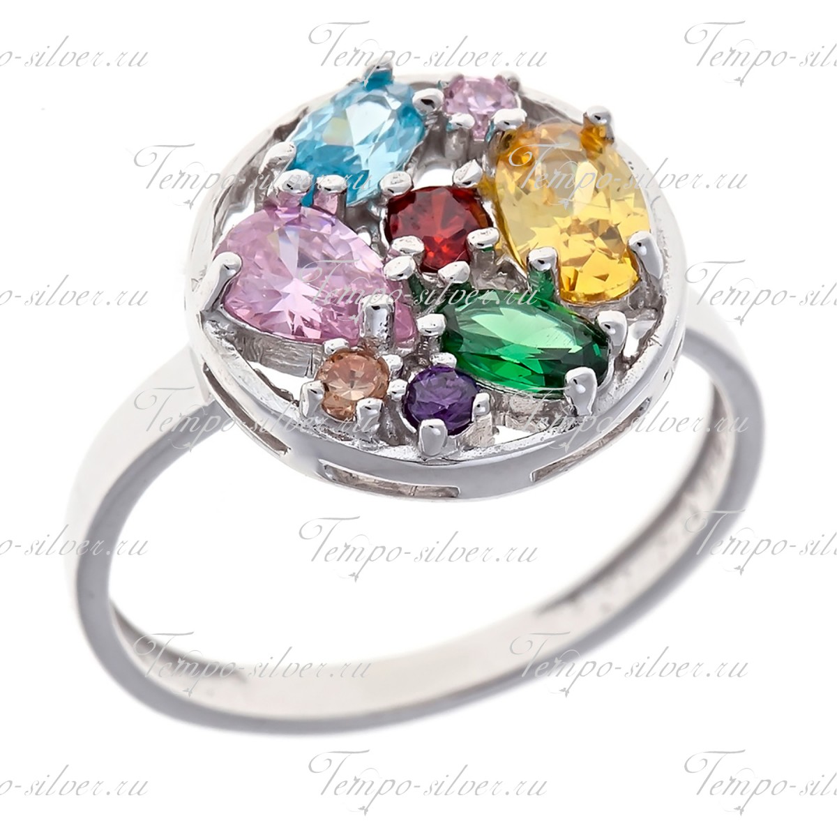 Кольцо из серебра круглой формы с цветными цирконами цена