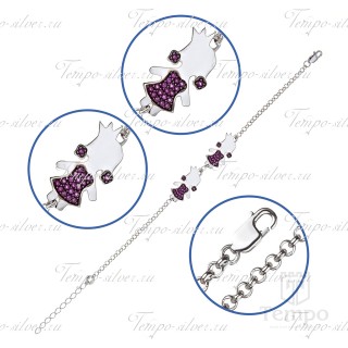 Браслет из серебряной цепочки с двумя девочками с фиолетовыми камнями