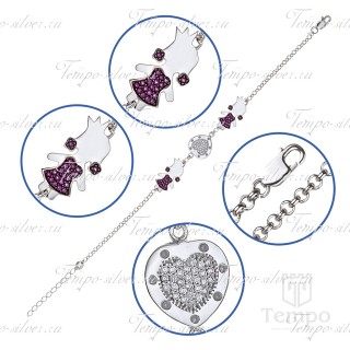 Браслет из серебряной цепочки с двумя девочками и сердечком с фиолетовыми камнями