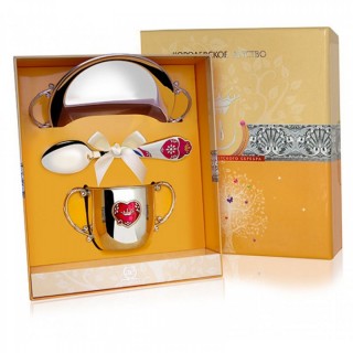 Серебряный детский набор СердцеКД с эмалью (блюдце, ложка и поильник)