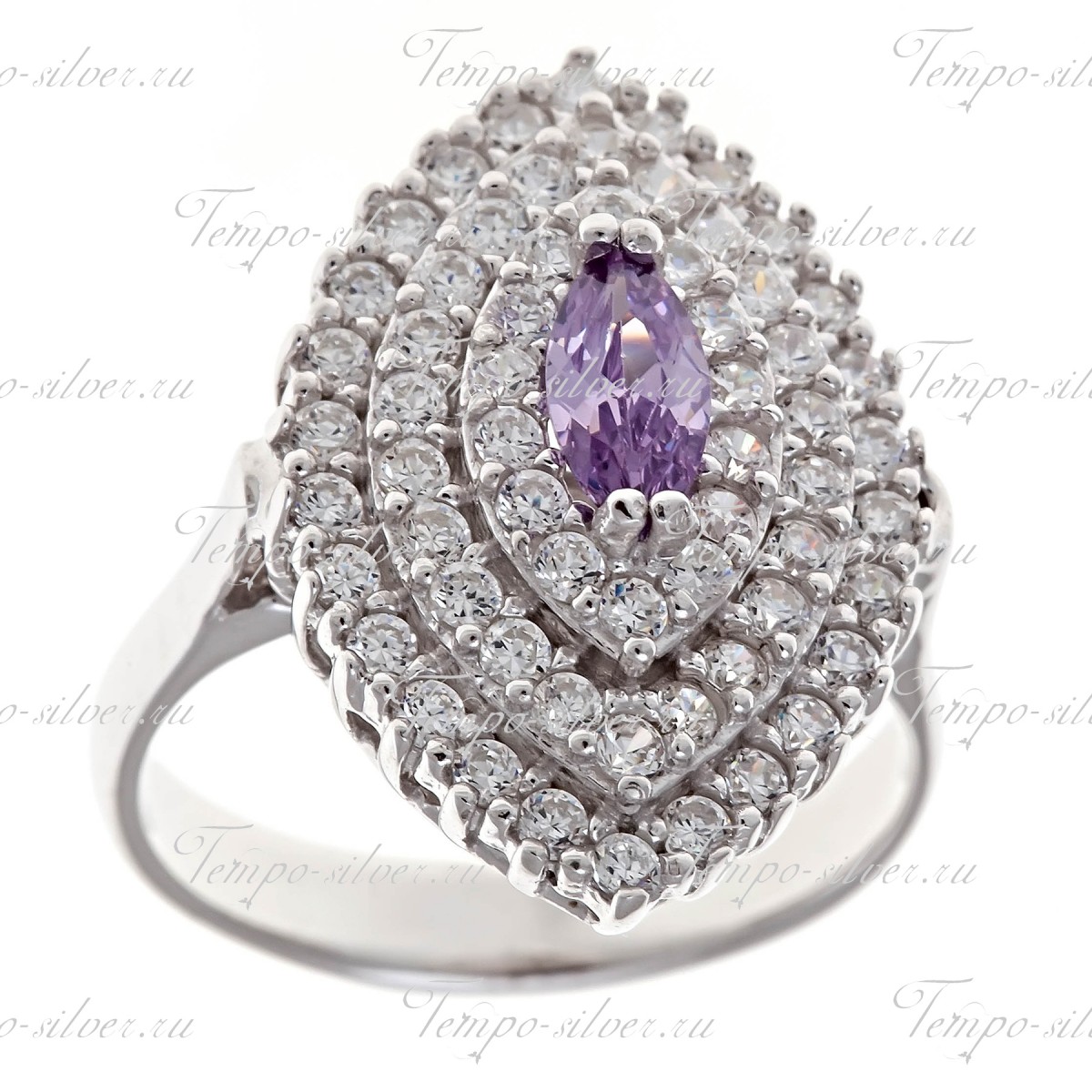 Кольцо серебряное формы маркиз с фиолетовым камнем в центре цена