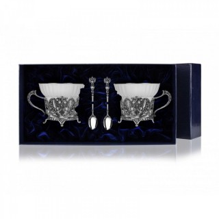 Серебряная чайная пара с ложками Герб на 150мл