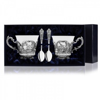 Серебряная чайная пара Королевская охота с чернением с ложками на 200мл