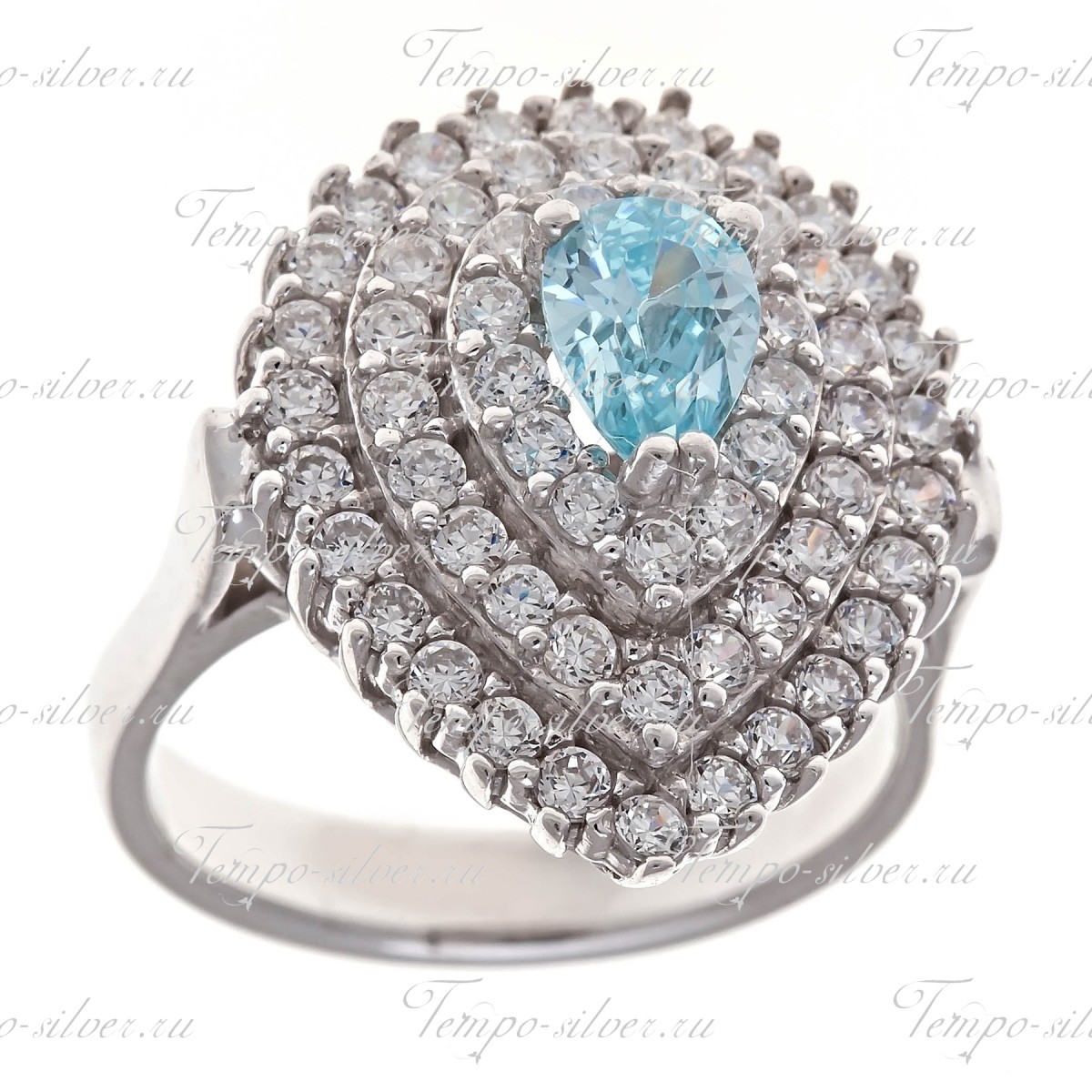 Кольцо серебряное в форме капли с голубым камнем в центре цена