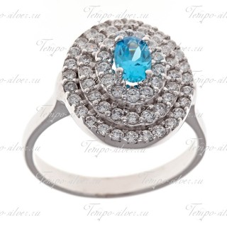 Кольцо серебряное овальной формы с голубым камнем