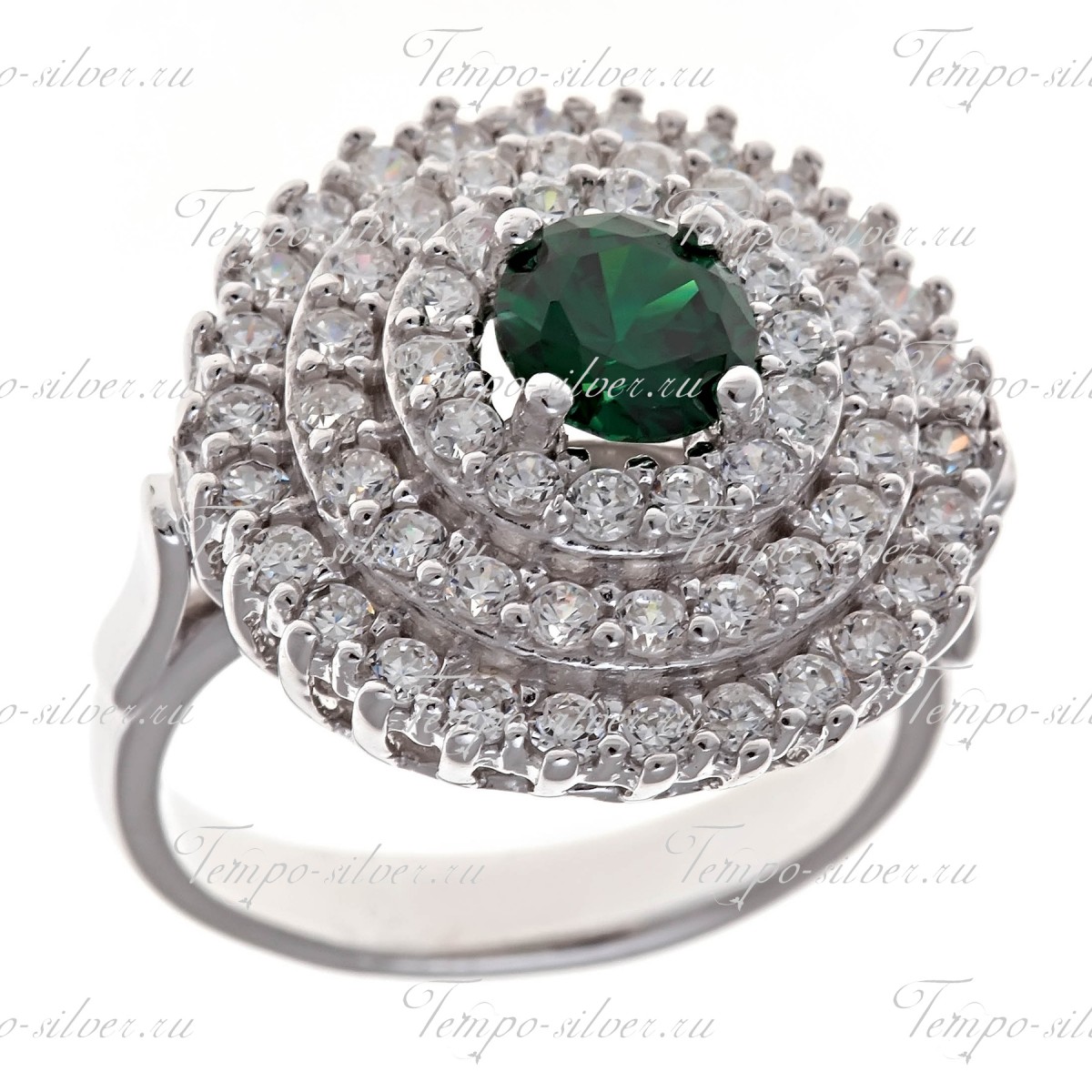 Кольцо серебряное круглой формы с зеленым камнем в центре цена