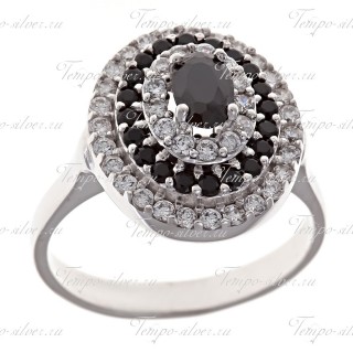 Кольцо серебряное овальное с черными камнями