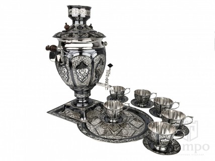 Серебряный чайный набор Ночное небо (самовар, поднос и 6 чашек с блюдцами)