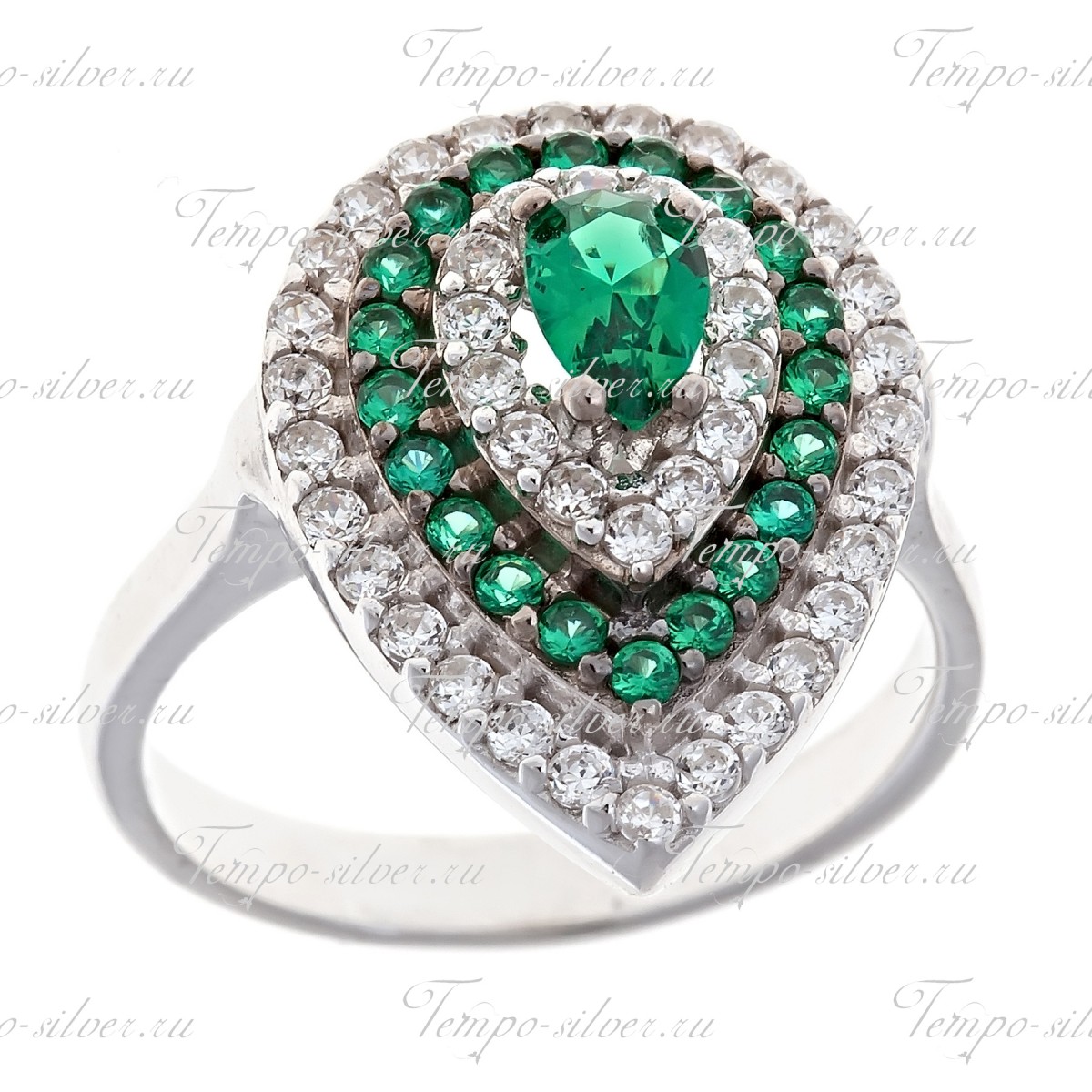 Кольцо из серебра в форме капли с зелеными камнями цена