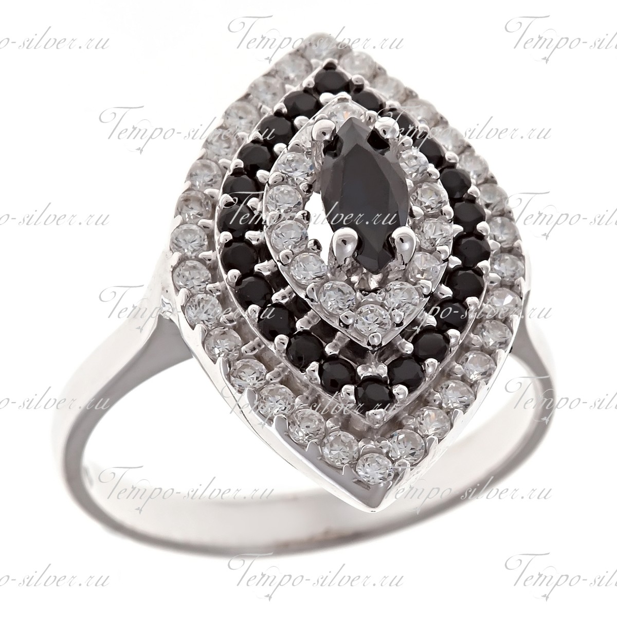 Кольцо серебряное в форме маркизы с черными камнями цена