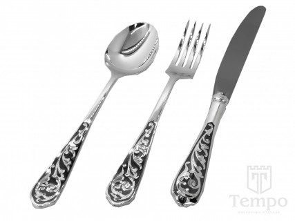 Серебряный набор на 1 персону «Кубачи» с чернью (столовая ложка, вилка и нож)
