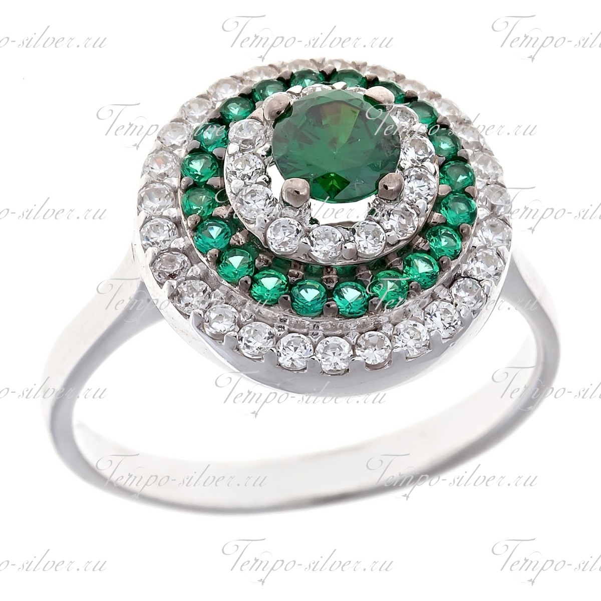 Кольцо серебряное круглой формы с зелеными камнями