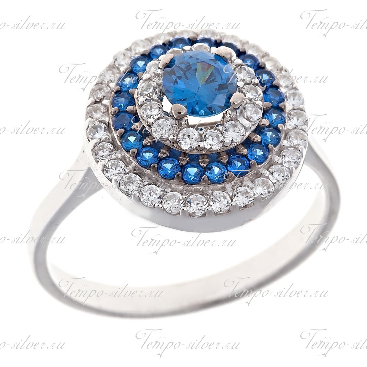 Кольцо серебряное круглой формы с синими камнями цена