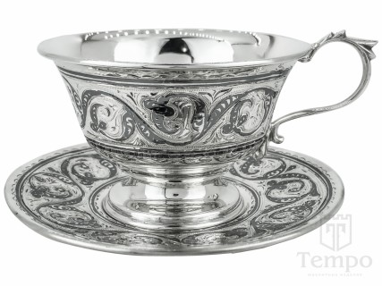 Чайная чашка с блюдцем «Орнамент» из серебра 875 пробы на 140 мл