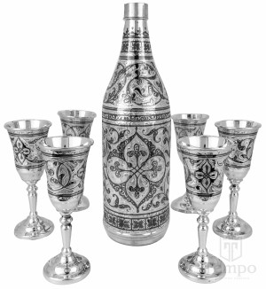 Серебряные бутылка и 6 рюмок «Четырёхлистник» в наборе