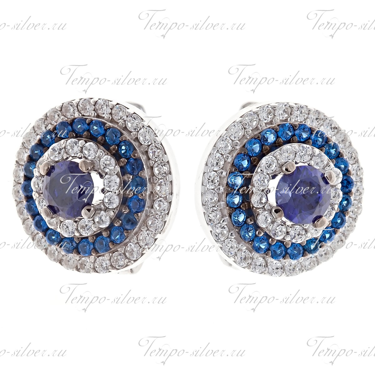 Серьги серебряные круглой формы с синими камнями