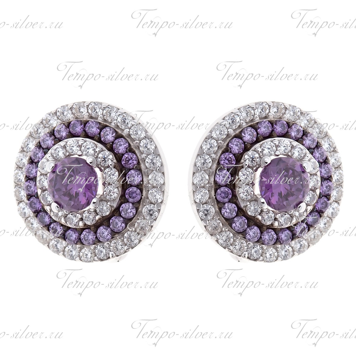 Серьги  круглой формы с фиолетовыми камнями цена
