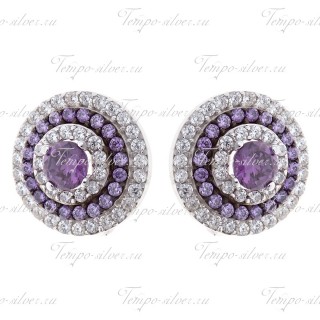 Серьги серебряные круглой формы с фиолетовыми камнями
