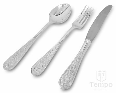 Серебряные столовые ложка, вилка и нож «Кубачи» без черни в наборе