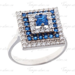 Кольцо серебряное квадратной формы с синими камнями