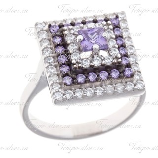 Кольцо серебряное квадратной формы с фиолетовыми камнями