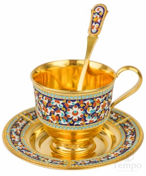 Чашка с блюдцем и чайной ложкой с эмалью «Боярин» на 150 мл