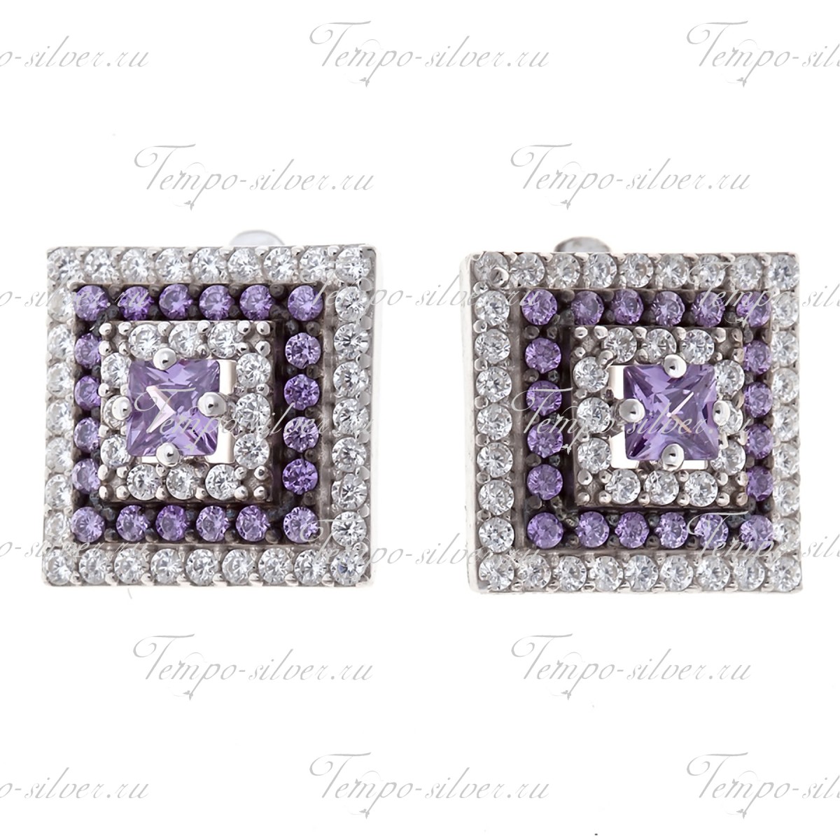 Серьги  квадратной формы с фиолетовыми камнями цена