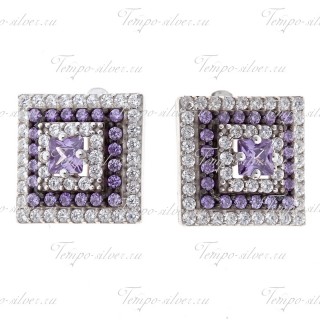 Серьги серебряные квадратной формы с фиолетовыми камнями