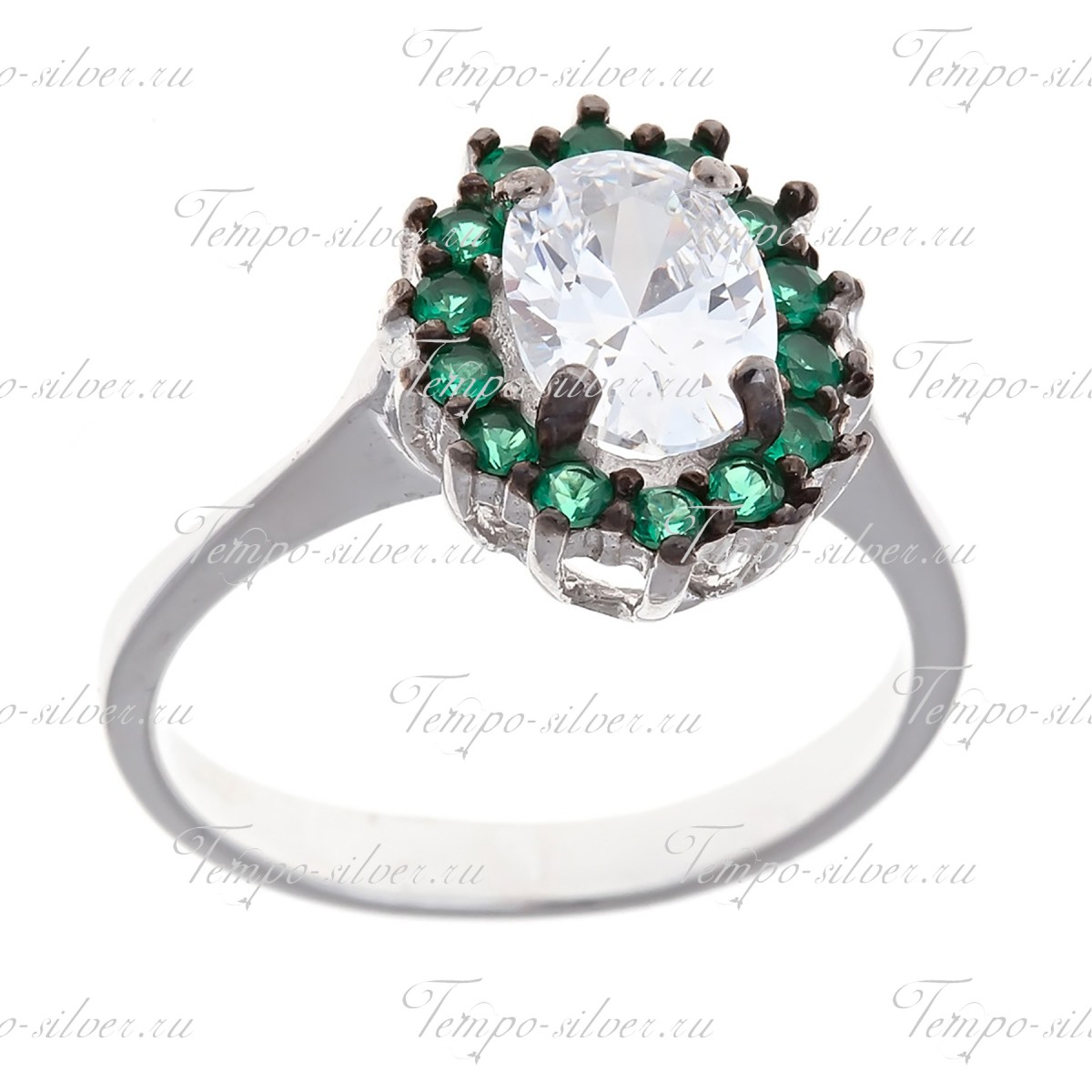 Кольцо из серебра овальное с ободком из зеленых камней цена