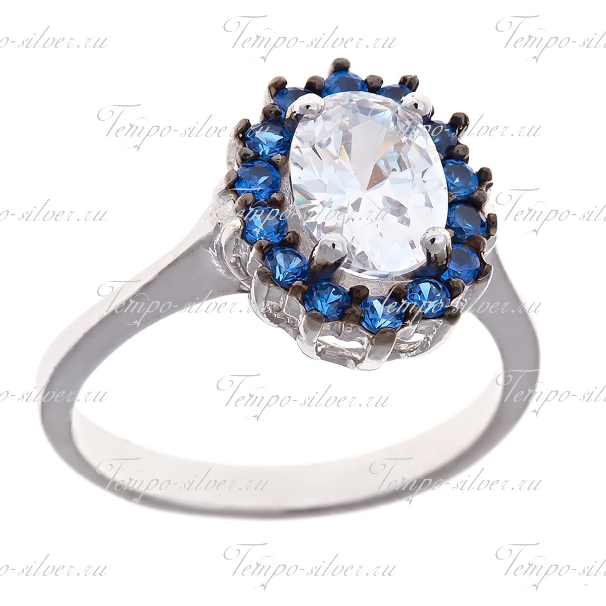 Кольцо из серебра овальное с ободком из синих камней цена