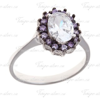 Кольцо из серебра овальное с ободком из фиолетовых камней