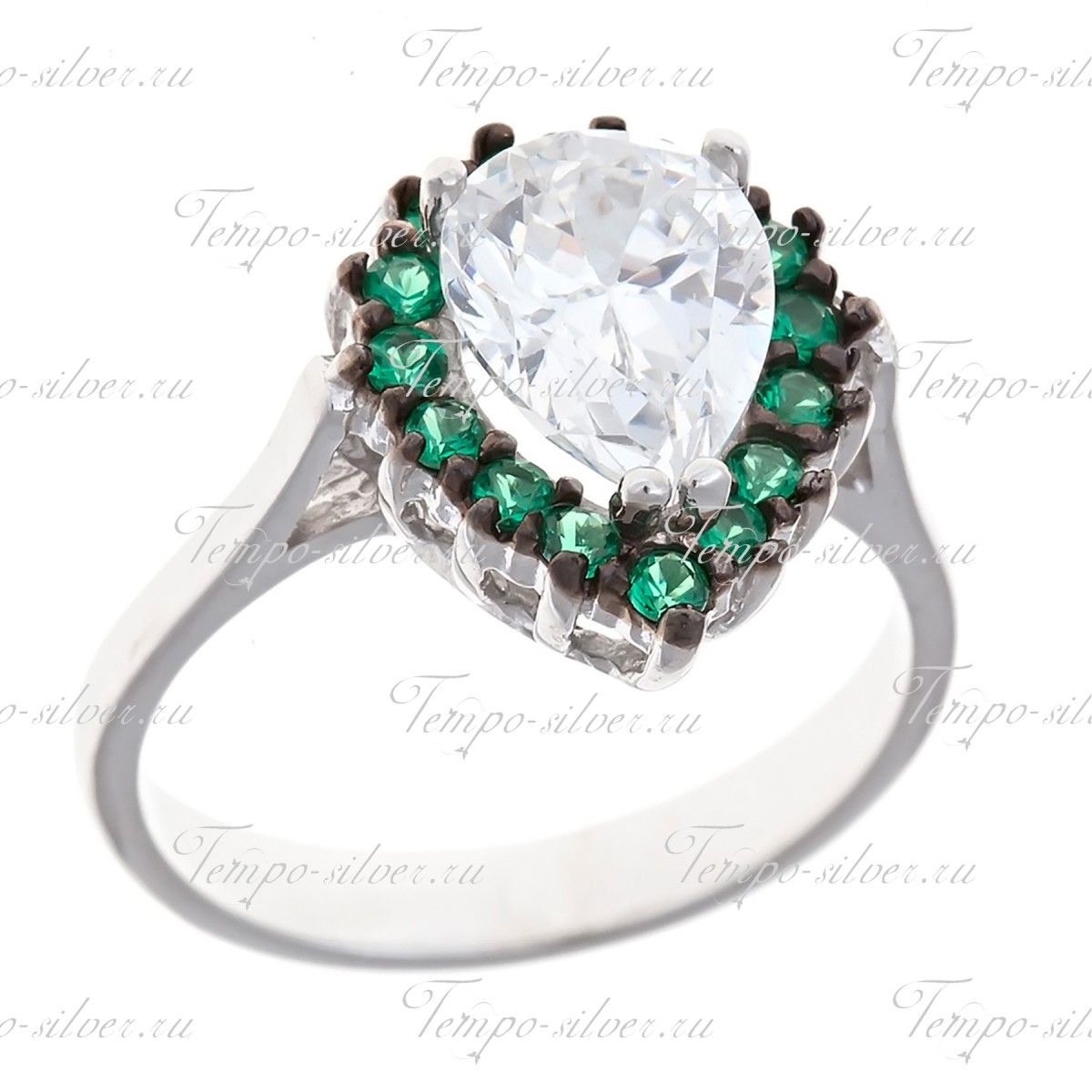 Кольцо в форме капли с зелеными камнями по контуру цена