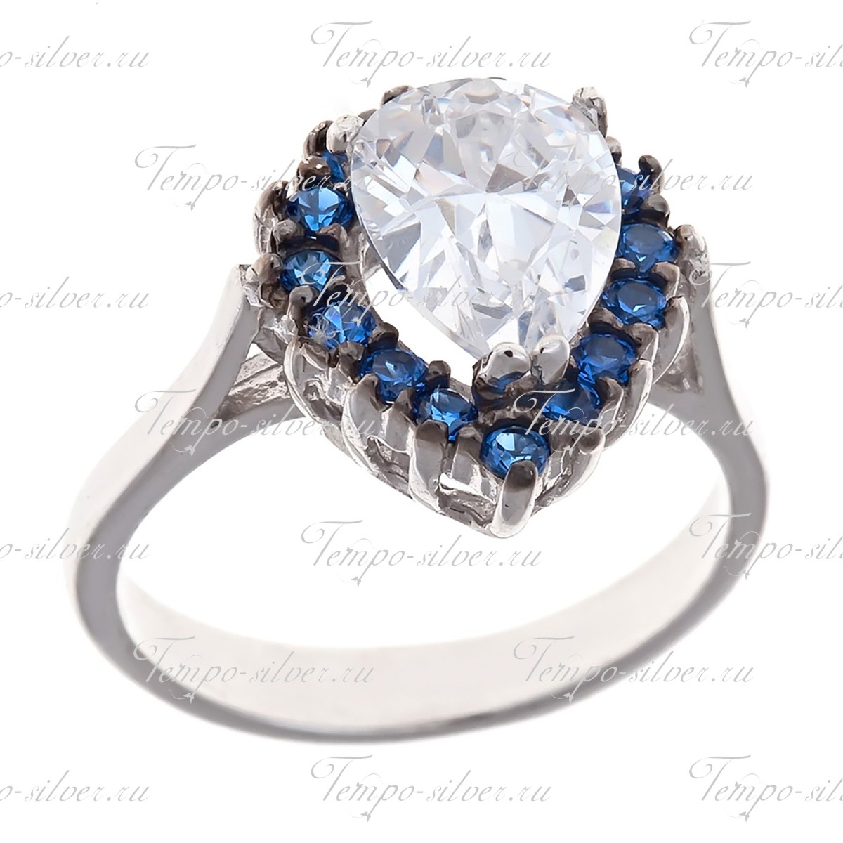 Кольцо в форме капли с синими камнями по контуру цена