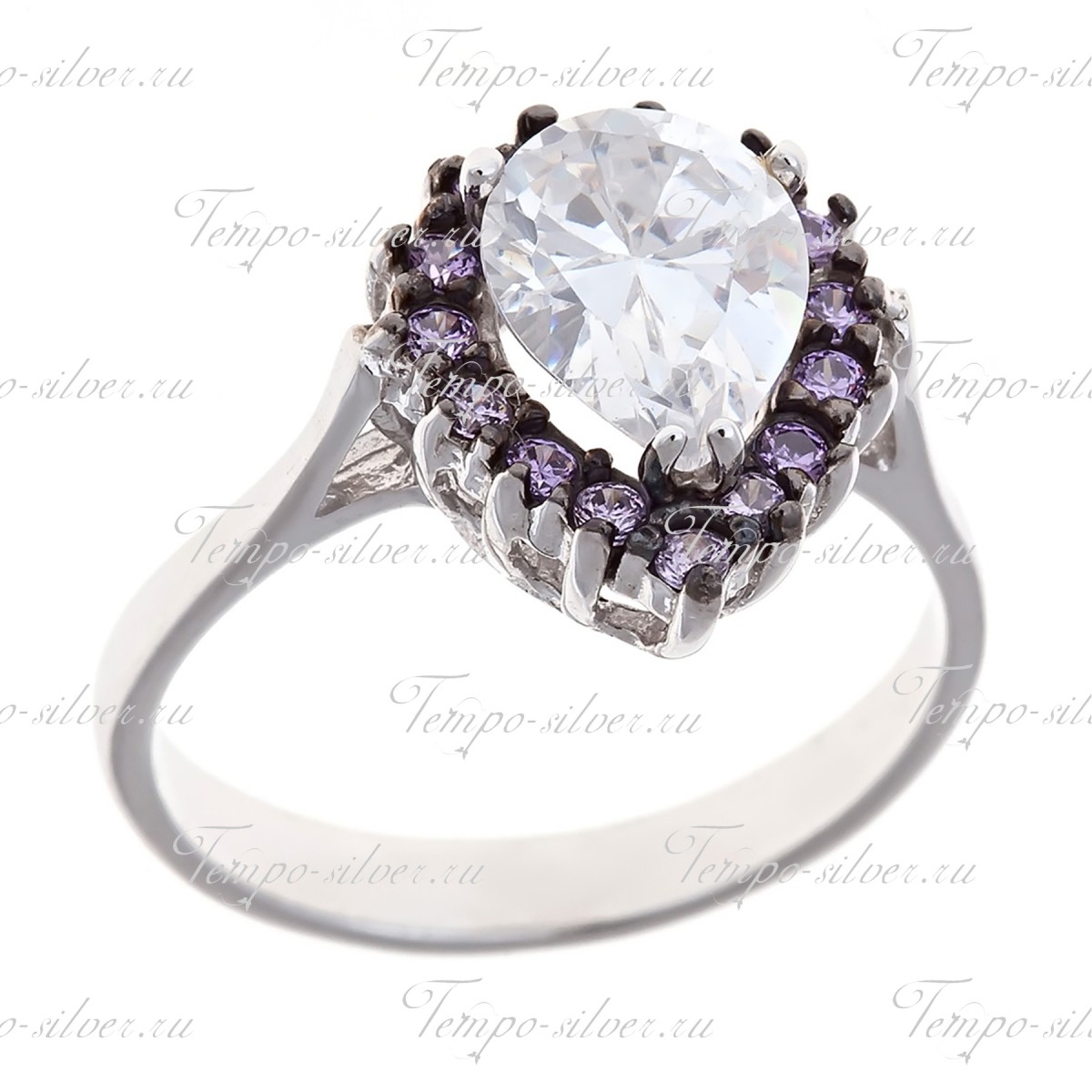Кольцо в форме капли с фиолетовыми камнями по контуру цена