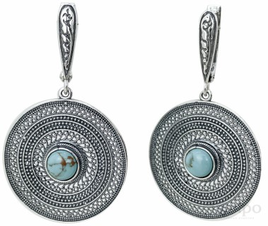 Серебряные круглые серьги с бирюзой «Лунное затмение» 