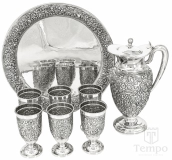 Набор из кувшина, подноса и стаканов на 6 персон из серебра 925 пробы «Флористика» на 1400 мл