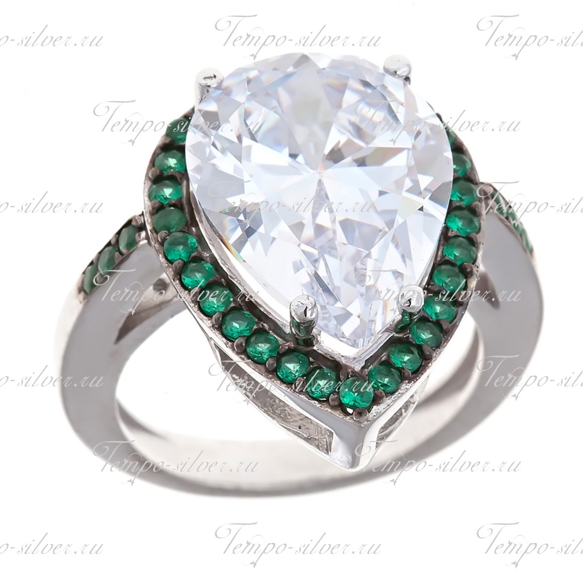 Кольцо серебряное в форме капли с большим камнем и ободком из зеленых камней