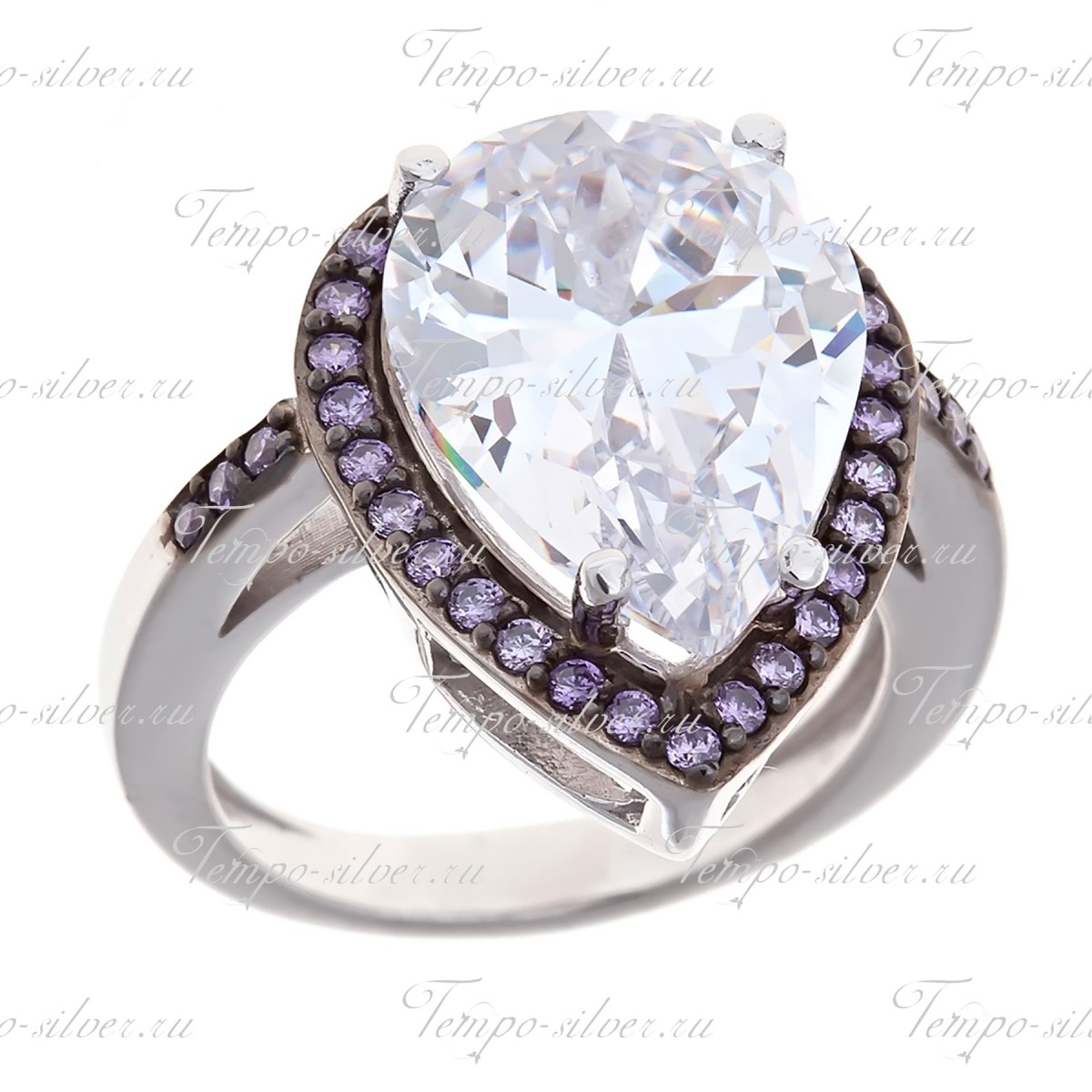 Кольцо серебряное в форме капли с большим камнем и ободком из фиолетовых камней