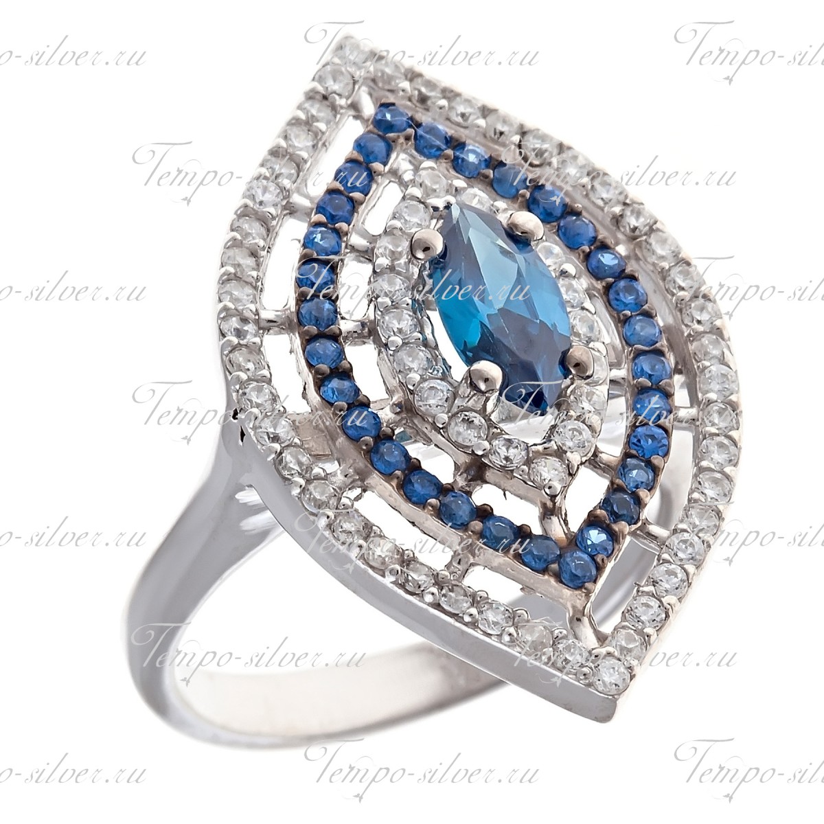 Кольцо серебряное в форме маркизы 3-х рядная с синими камнями цена