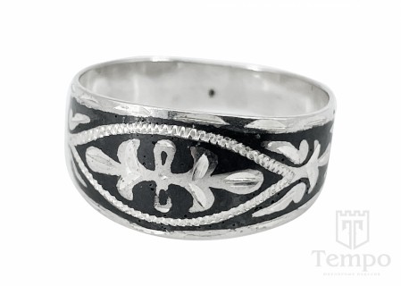Серебряное обручальное кольцо с чернью и гравировкой «Абстракт» 