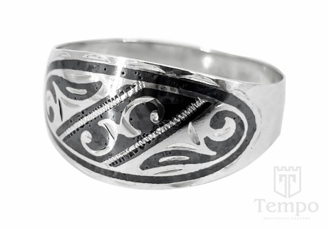 Серебряное кубачинское кольцо с чернью и гравировкой «Полдень» 