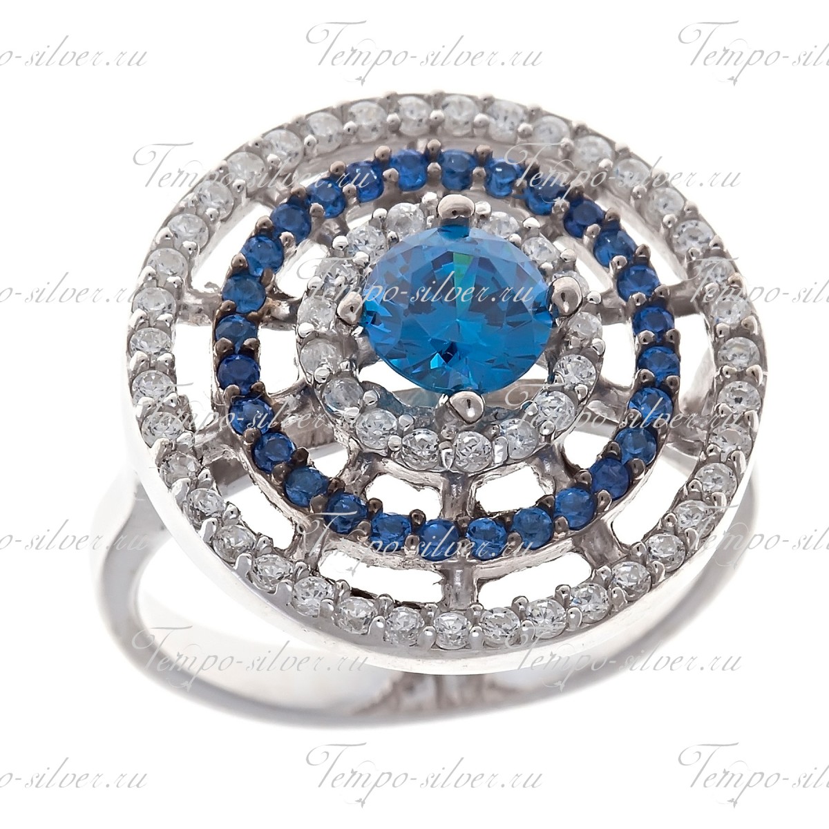Кольцо серебряное круглое 3-х рядное с синими камнями цена