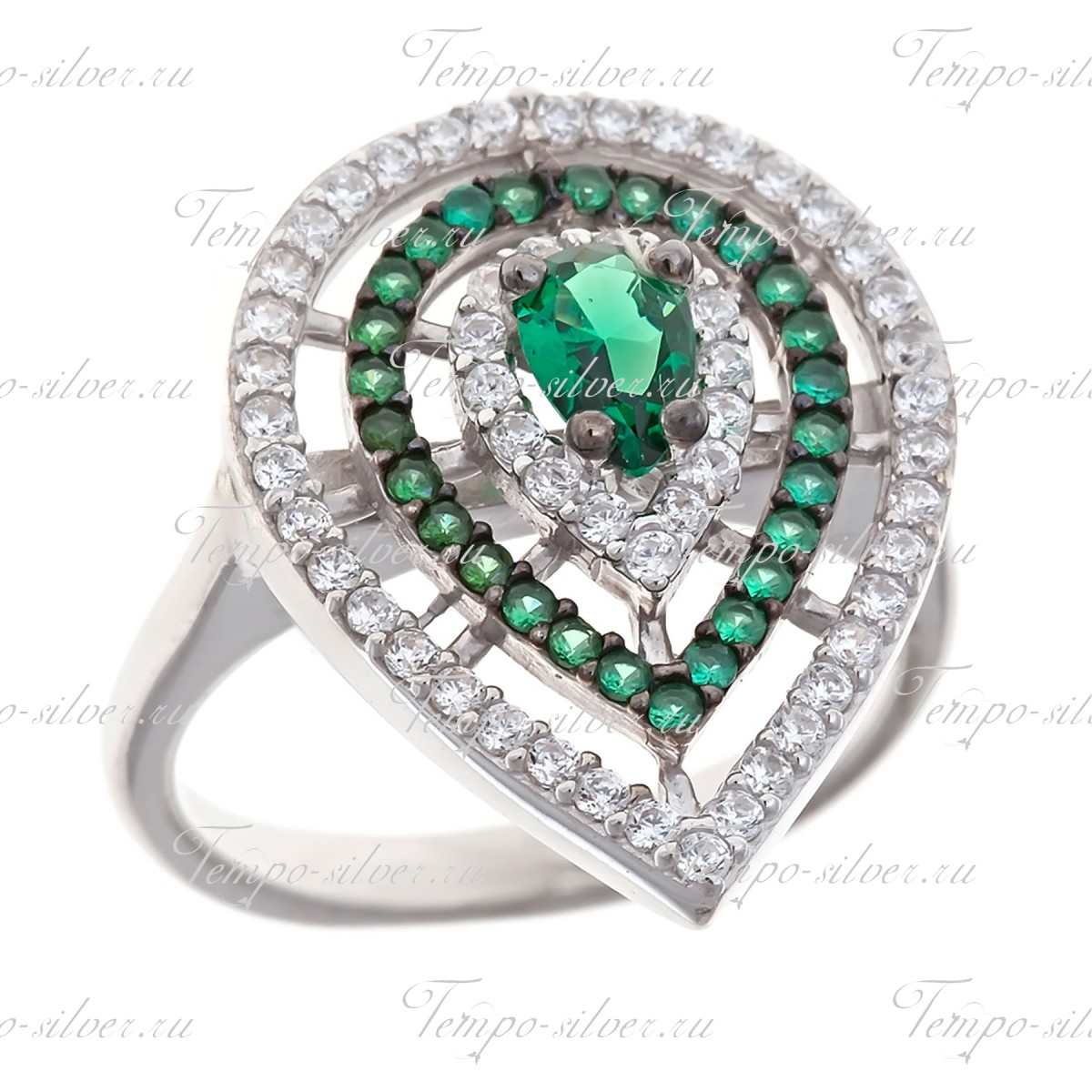 Кольцо серебряное в форме капли 3-х рядное с зелеными камнями